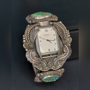 Vintage Navajo Sterling Watch Cuff Signed H.B. Jones Turquoise Native American